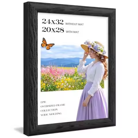 Poster frame Black 1.57 Inch Wide Wood Grain Texture Display Pictures 20x28 with Mat 24 x 32 Picture