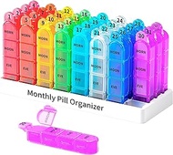 Zoksi Monthly Pill Organizer 4 Times a Day, 30 Day Pill Box, 31 Day Month Pill Case, Daily Medicine Organizer Container with Portable Compartments for Fish Oils, Vitamins or Supplements (Rainbow)