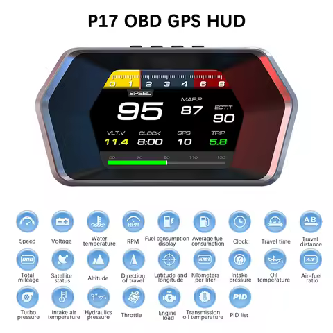 Car OBD GPS Head Up Display P17 Speedometer Clock KMH RPM Mileage Meter Overspeed Alarm Digital Car