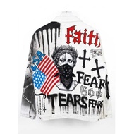 Faith Fears Tears Streetwear White Denim Jacket