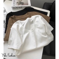 YOHO Short-Sleeved Top Spring Summer French Good Texture Small Sexy U-Neck Cotton T Slightly Loose V