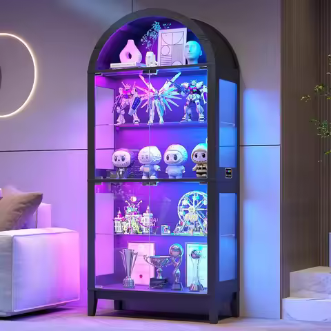 Display Cabinet Glass Doors Arched Curio Cabinet Rgb Lights Collectibles Tiers Tall Display Case Hum