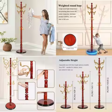 Heavy Duty Wooden Coat Tree with 14 Hooks, Freestanding Sturdy Coat Rack, Natural Birch Finish, Larg