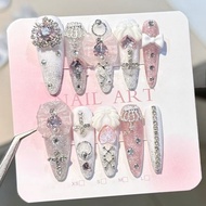 Pink Jirai Kei Long Tip Handmade Press On Nails Y2K Anime Gyaru Nail Art Cute 3D Cross Bow Heart Dia