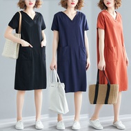 women  dress  loose summer casual fashion dress  Plus size women's 2021 summer new style V-neck loose short-sleeved mid-length T-shirt dress solid color dress
