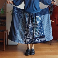 N種變化的繫繩長裙 限量半身裙 藍染棉麻面料手工拼布
