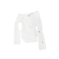 1JINN STUDIO Long Sleeve Drawstring Casual Style Womens Knitted Top Shoulder Bared V-Neck Loose Fit 