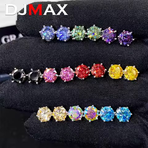 DJMAX 0.5-2ct Colorful Moissanite Diamond Stud Earrings for Women Orginal 925 Sterling Silver Sparkl