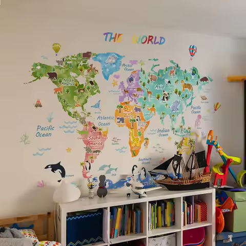 Kids Puzzle Game DIY Bigger Map Stickers Know World Animal Habitat Vinyl Wall Decals Removable for H