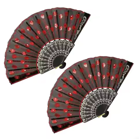 Pack Of 2 Elegant Lace Folding Hand Fan With Embroidery and Glitter Sequins For Dance Performances A