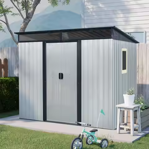 8x6 ft Outdoor Metal Storage Shed with Floor Floor and Window, Lockable Galvanized Steel Tool Shed w