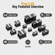 DIN Rail Terminal Block IN12BK IN20BK IN30 600V 30A/60A Brass High Current Junction Box With Cover