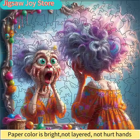 Square wooden puzzle - Surprised floral granny in front of the mirror, ideal for ages 3 +, birthdays