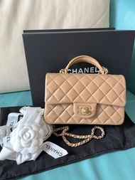 🆕Chanel mini class flap bag with top handle (antique gold)