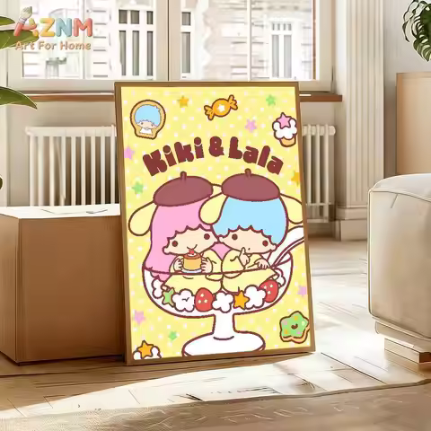 AZNM Little Twin Stars Kiki & Lala Frameless Canvas Wall Art, Cute Sanrio Dessert Themed Print, Kawa
