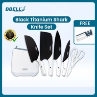 BBELL 5 Piece Black Titanium Shark Knife Block Set Cleaver Pisau Dapur Pisau Potong Fruit Knife Chop