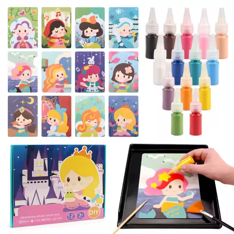 Sand Art Kit DIY Sand Painting Craft 12 Princess Sand Painting Cards 14 Color Montessori Toys Educat