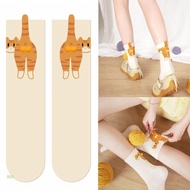 HAN 3D Fuzzy Ball Cat Print Crew - Combed Cotton Socks for Women