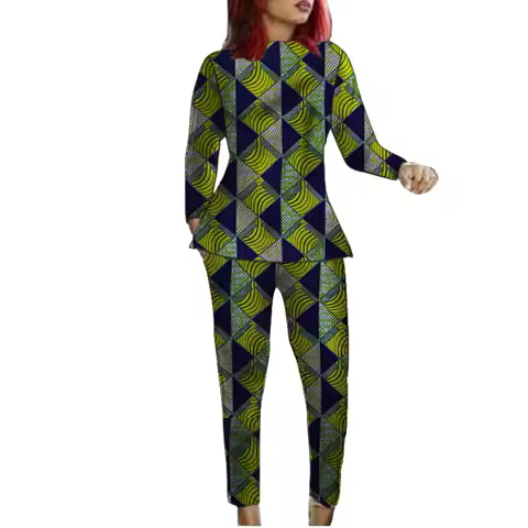 Designer Handmade Women's Groom Suit African Print Couture Costume O Neck Blouse Patch Trouser Party