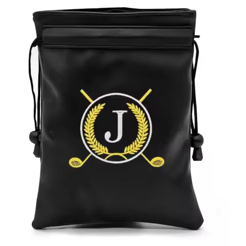 Funny Golf Valuables Pouch with Embroidered Letter J Design PU Leather Golf Tee Pouch with Drawstrin