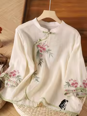 Hanfu Qipao Retro Embroidered Linen Shirt Traditional Chinese Clothing Summer New Women Kung Fu Cheo