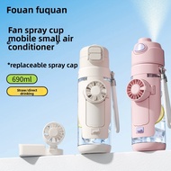 FQUAN F2 2-in-1 Fan Water Cup tumbler tumbler tahan sejuk 690ml BPA-Free Tritan Cup, 3 Wind Speed De