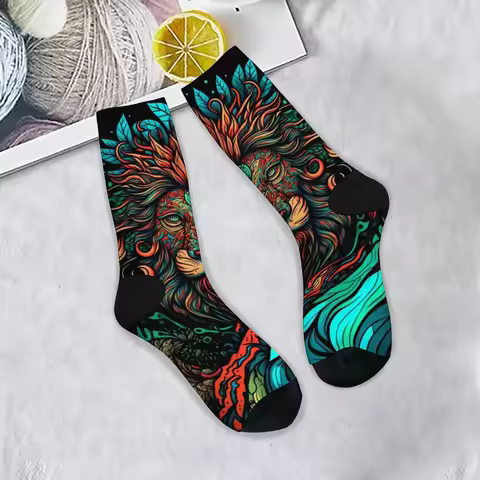 Bohemian Style Art Lion Print Men's Socks Novelty Harajuku Street Hip Hop Crew Socks Comfortable Bre