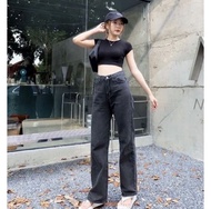 Celana Jeans Kulot High Waist Loose Jeans Wanita P01 - Navy Hitam Biru Muda