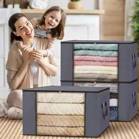 35L/60L/90L Foldable Storage Box Non-woven Fabric Transparent Window Clothes Storage Bins Dustproof
