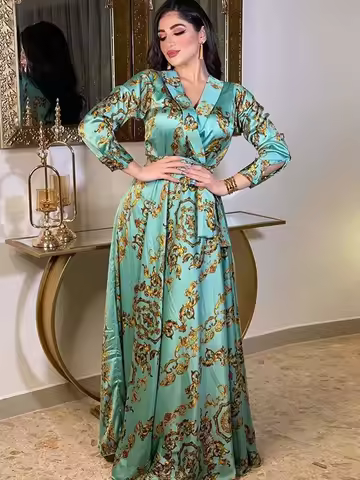 Spring Muslim Women Dress Silk Morocan Kaftan Long Sleeve Turkey Dubai Lace-up Abaya Islamic Clothin