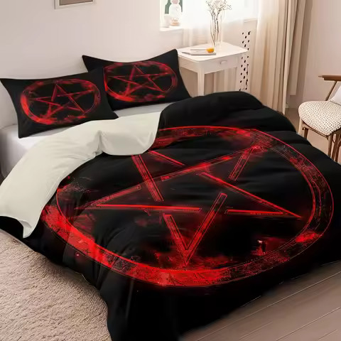 3pcs Red Five-pointed Star Printed Quilt Set- Includes 1 Quilt Cover and 2 Pillow Cover (without Fil