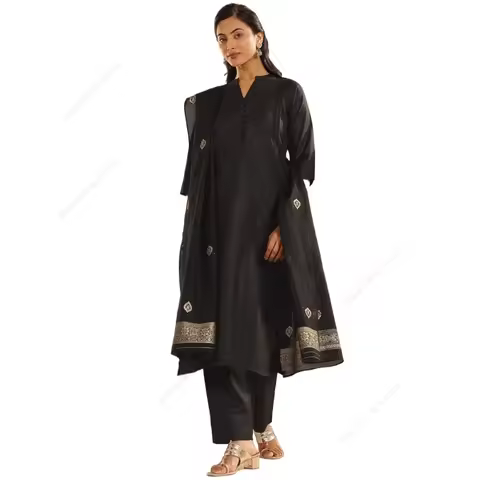 Women's Black Jacquard Kurta Pant Dupatta 3-PCS Set Elegant Indian Ethnic Suit for Festive Formal We