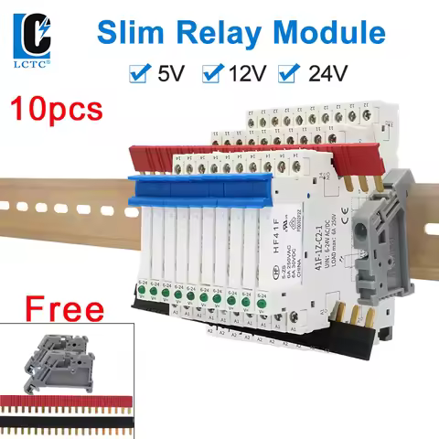 10PCS DIN Rail Relay Module HF 41F Slim Relay With LED 6A 5V 12V 24V 41F-5-ZS 41F-12-ZS 41F-24-ZS Hi