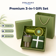 Ready-to-Gift Green 3-in-1 Gift Set with Portable Fan 320ml Glass Cup Cotton Towel Box and Gift Bag