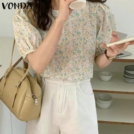 VONDA เสื้อสตรีแฟชั่นฤดูร้อนแขนสั้น O คอเสื้อยืดลำลองพิมพ์ลายดอกไม้เสื้อจีบ (เกาหลี Causal)