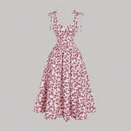 Floral Print Strap Tie Up Summer Dress For Women, Floral Print Long Dress For Spring,Vacation Dress,