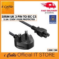 SIRIM UK 3 Pin to IEC C5 Cloverleaf Power Cable BS1363 Fused 1.8M 3M for Laptop Adapter Charger Mala