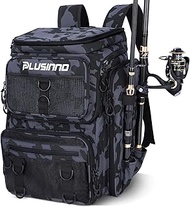 PLUSINNO Fishing Backpack with Rod Holders, 42L Large Water-resistant Fishing Tackle Bag Store Fishi