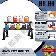 40KG - 192KG Premium Coated Cast Steel Competition Kettlebell Set with 2-Tier Heavy Duty Storage Rac