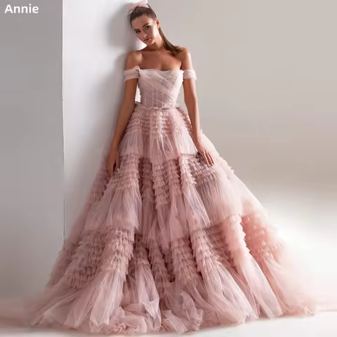 Off-the-shoulder Layered Prom Dresses فساتين السهرة Pink Tulle Ruffle Formal Occasion Party Dress Ve
