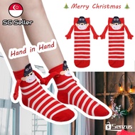 [SG SELLER] 1 Pair Christmas Socks with Magnetic hand Cartoon Santa Claus Cute Socks for Couples Wom