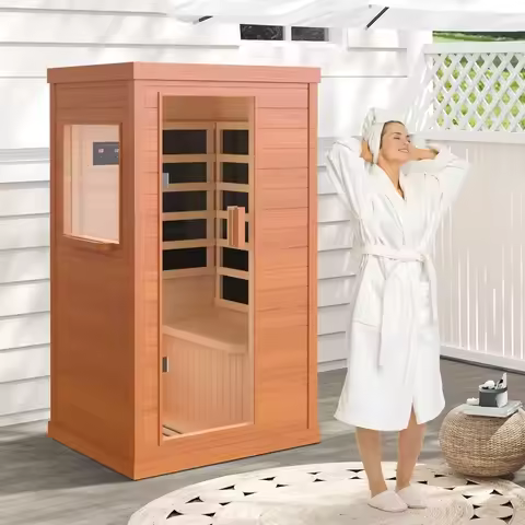 Far Infrared Wooden Sauna, Indoor Sauna with Bluetooth Speakers & 5 Heating Panel, Intelligent Contr