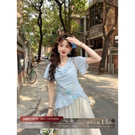 Wen Miner Sunset Island Women's Two-Piece Set - Blue Swing Collar Short Sleeve