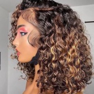 Cheap Water Curly Natural Colored Bob Wigs Short Bob Wig Highlight T part Lace Frontal Wigs For Blac