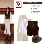 KEMEJA Cowboy Outfit Set | Brown Vest Shirt Cargo Skirt Cowboy Hat | Cowgirl Aesthetic - FC133