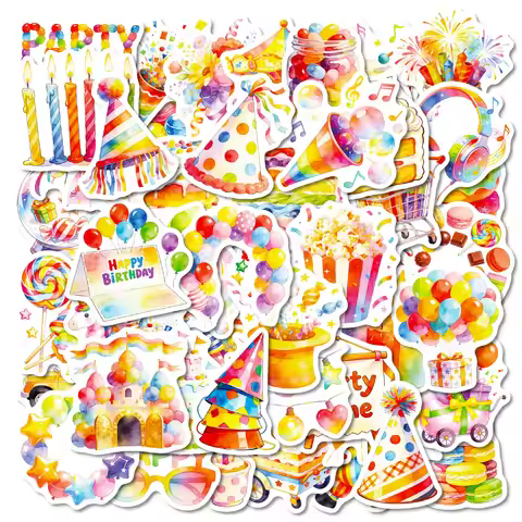56PCS Watercolor Birthday Party Graffiti Stickers Balloon Cake Candy Elements Student Stationery Not