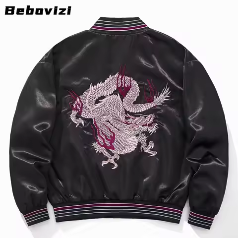 Men's Baseball Jacket 2025 Dragon Embroidery Black V-Neck Japanese Style Coach Jacket Streetwear Vin