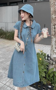 Váy babydoll jean cổ bèo tay ngắn style Hàn Quốc dễ thương đầm denmin màu xanh nhạt bánh bèo chất đẹ