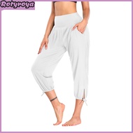 Women Cropped Pants Elastic Waist Casual Trousers with Pockets Lace-up Cuffs Solid Color Running Cyc