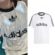 Adidas originals Adidas Clover Classic English Logo Print Loose Striped Round Neck American Retro Do